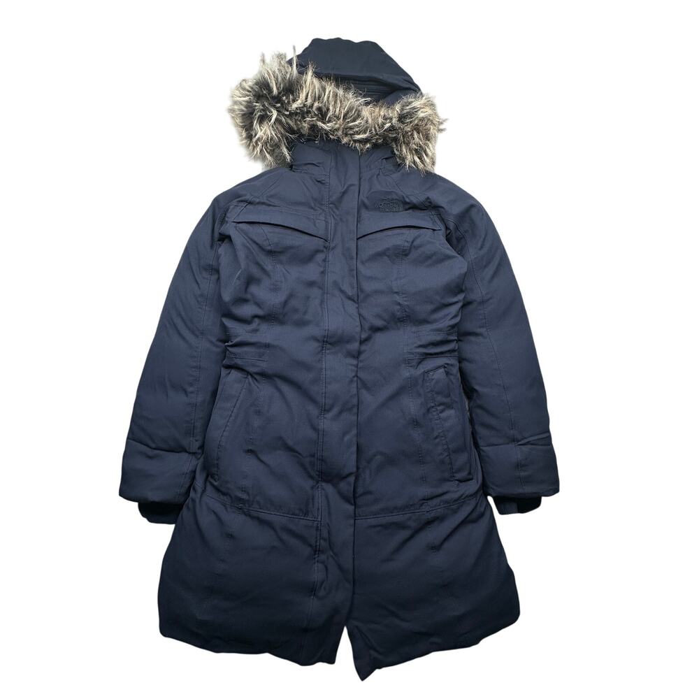 North Face HyVent Goose Down Parka Puffer Jacket Womens XS Navy Fur Hood ANHD
